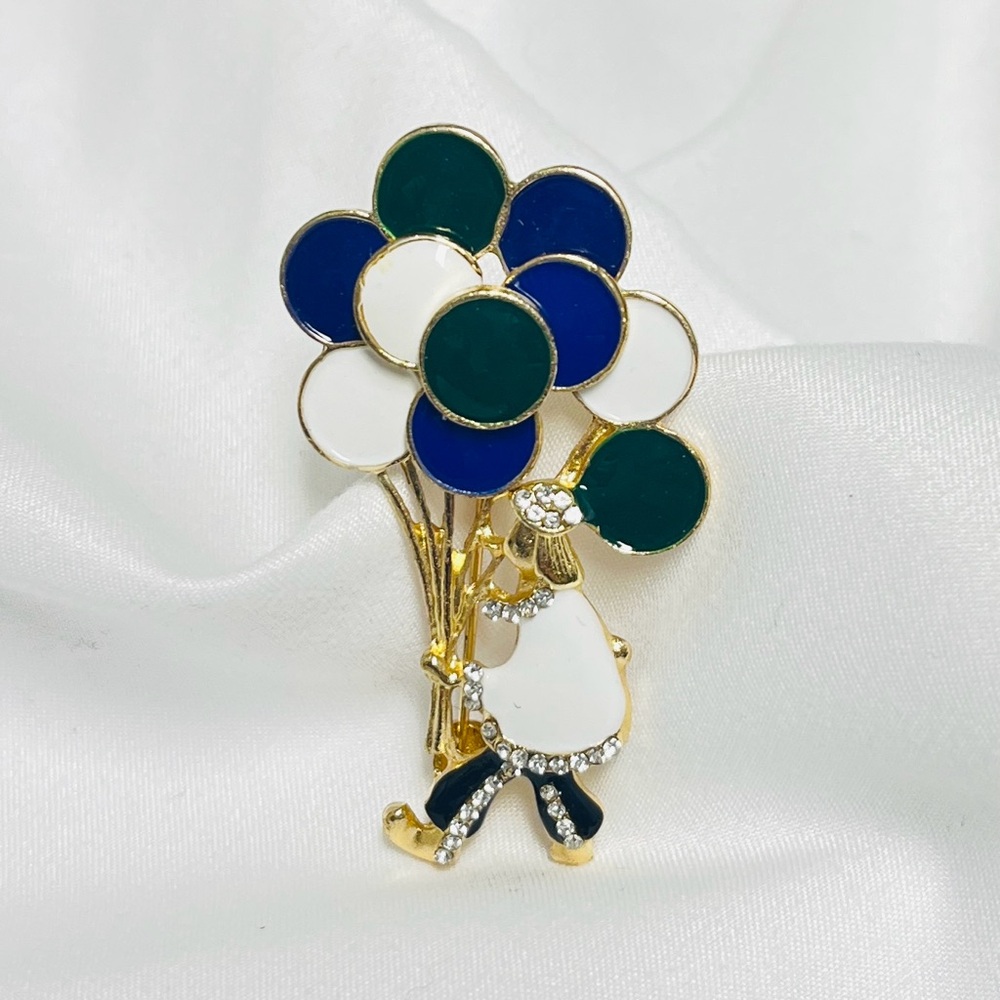 Balloon Brooch, NIP, enamel painted balloons, golden base and rhinestones, cute!